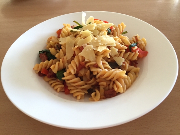 chorizo pasta with tomoatoes and veg